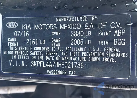 2017 Kia Forte Lx из США, поврежденный, VIN 3KPFL4A73HE021786